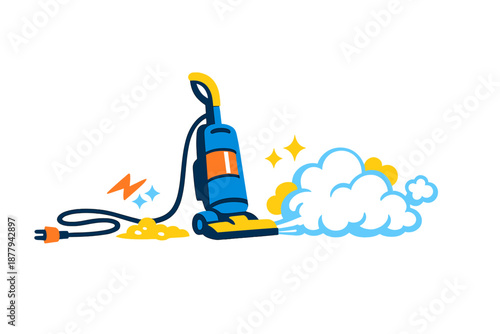 Cartoon vacuum cleaner sucking up dust and dirt