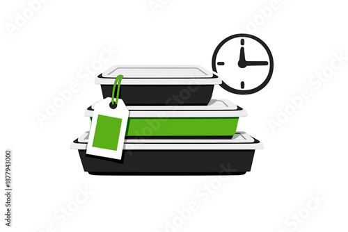 Stack of food containers with a tag and a clock
