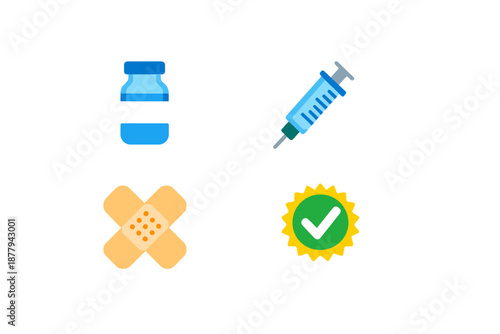 Vaccine icons: syringe, vial, bandage, and checkmark