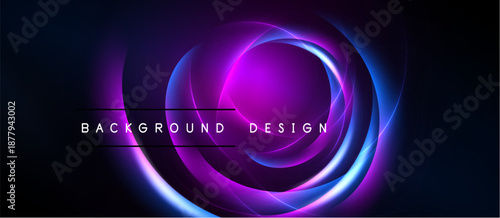 Abstract neon circles over dark background. Vibrant purple, blue hues create dynamic visual effect. Text reads background design.