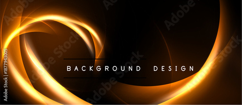 Abstract golden swirls over black background. Elegant design features dynamic light effects, creating modern aesthetic. Text reads background design.