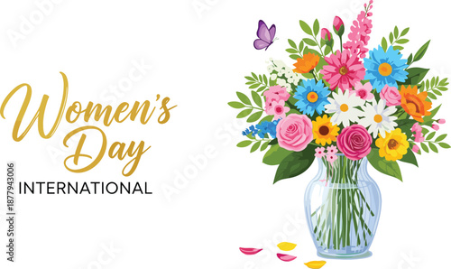 International Women's Day vector featuring a colorful spring flower bouquet in a glass vase with elegant gold typography.