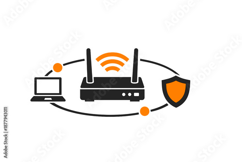 Network security concept with laptop, router and shield
