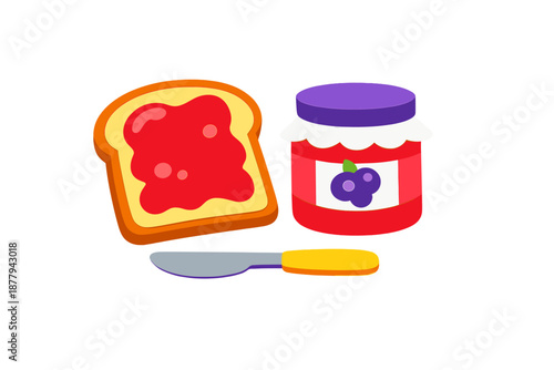 Toast with jam and a jar of jam with a knife