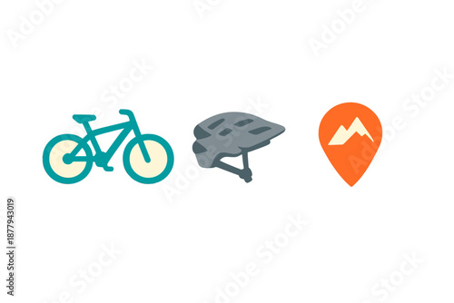 Mountain Biking Icons: Bike, Helmet, and Location Pin