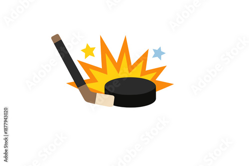 Ice hockey stick and puck with explosion and stars