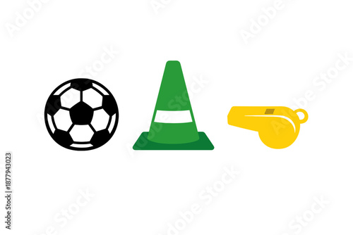 Soccer ball, traffic cone, and whistle with glowing effect