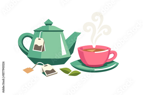 Stylized teapot and teacup with steam and tea bags