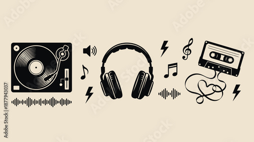 Retro music equipment and icons set vector illustration