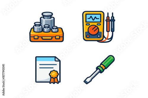 Collection of four icons: weights, multimeter, certificate, and