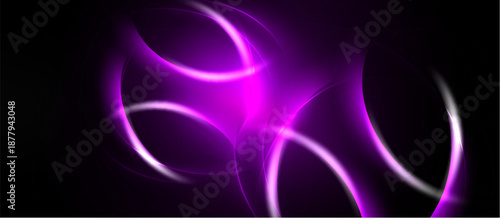 Abstract purple swirls, glowing lines, dark background. Smooth shapes create dynamic visual effect. Modern design element.