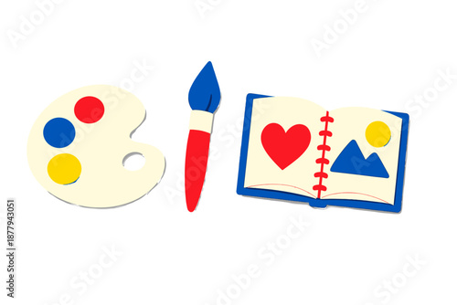 Artistic elements: paint palette, paintbrush, and sketchbook