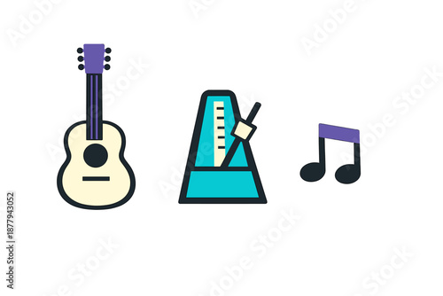 Guitar, Metronome and Music Note Icons with Purple Glow