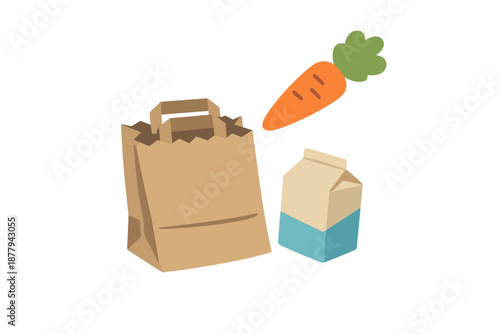 Lunch bag, milk carton, and carrot