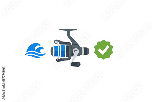 Fishing reel with waves and checkmark