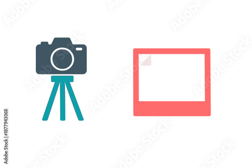 Camera on tripod and photo frame with neon glow