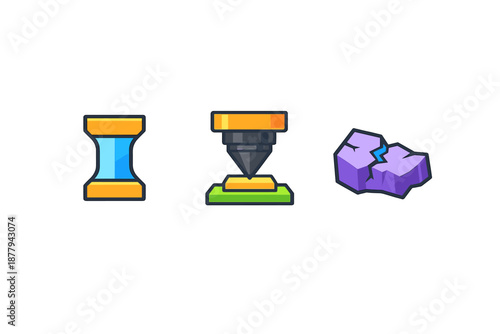Three icons: hourglass, 3D printer, and broken rock