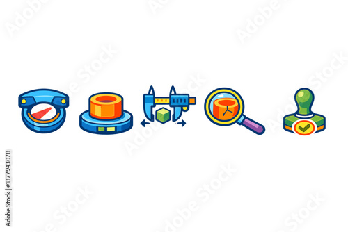 Industrial icons: Compass, cylinder, caliper, magnifying glass, stamp