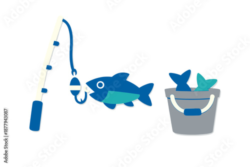Cartoon fishing rod catching fish into a bucket