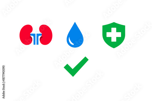 Kidney, Water Drop, and Shield Icons with Neon Glow
