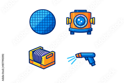 Set of four cartoon icons related to diving and cleaning