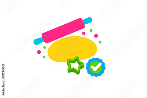 Abstract 3D graphic elements with rolling pin and checkmark
