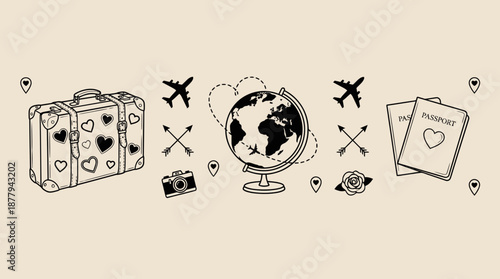 Romantic travel adventure icons with suitcase and globe vector illustration
