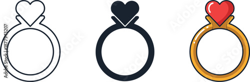 Valentine's day Set of heart shaped engagement ring icons in modern line styles