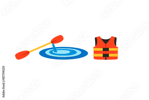 Kayak paddle and life jacket on a gradient background