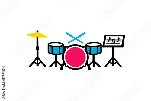 Minimalist drum set with bright neon lighting and glow effect