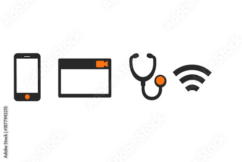 Digital health icons: smartphone, video call, stethoscope, Wi-Fi