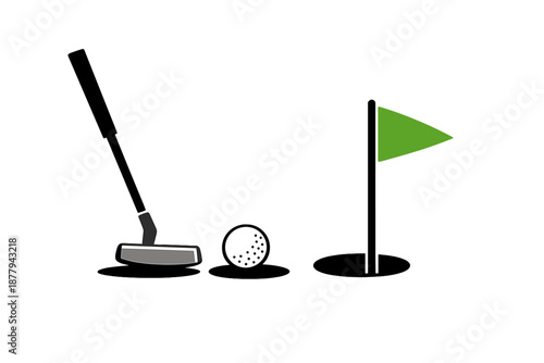 Golf putter, ball and glowing flag on dark background
