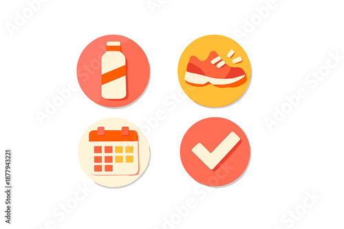 Fitness icons: water bottle, running shoe, calendar, check mark
