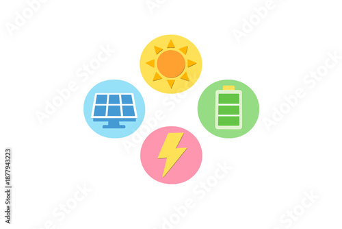 Solar energy concept with sun, solar panel, battery and lightning icon