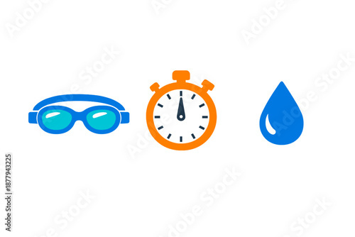 Swimming equipment and timer icons with glowing effects