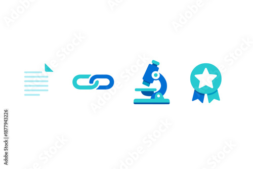 Digital icons for document, link, microscope, and award