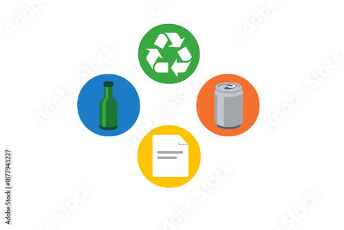 Recycling symbols for glass, paper, and aluminum cans