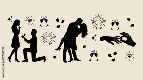 Romantic wedding proposal and celebration icons vector illustration