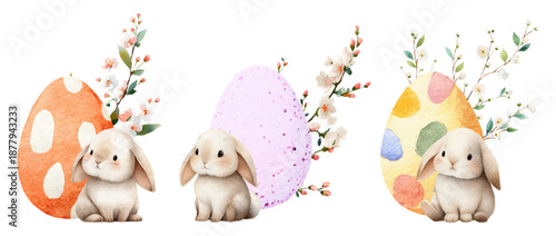 Spring Easter set with washed bunnies with Easter eggs and spring flowers. Easter compositions for banners, cards, flyers, etc. Happy Easter. Vector illustration.