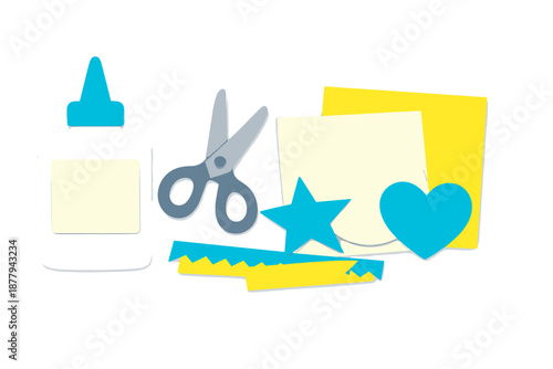 Craft supplies: glue, scissors, paper shapes and heart