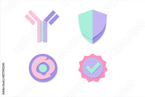 Abstract icons of antibody, shield, cell and checkmark
