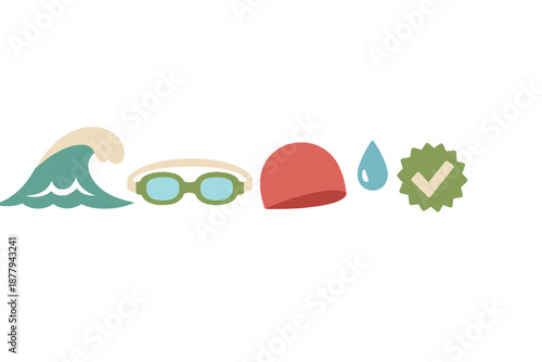 Swimming icons: wave, goggles, cap, water drop, checkmark