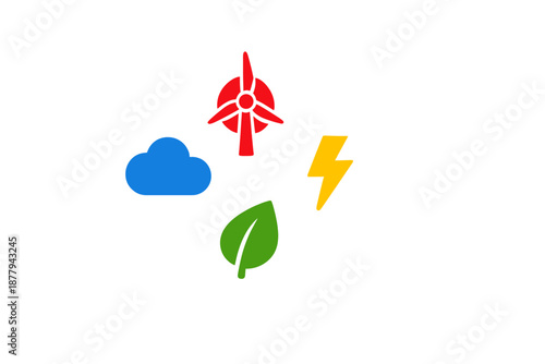 Renewable energy icons: cloud, wind turbine, leaf, lightning bolt