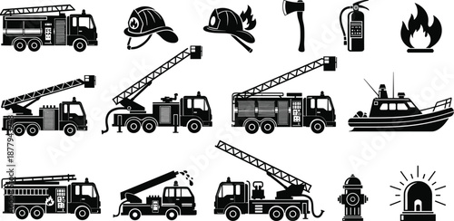 Firefighting and emergency response icon set, fire truck, extinguisher, helmet, hydrant, rescue tools, vector illustration, black pictogram, safety symbol