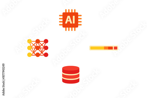Artificial Intelligence Icons and Concepts: AI Chip, Neural Network