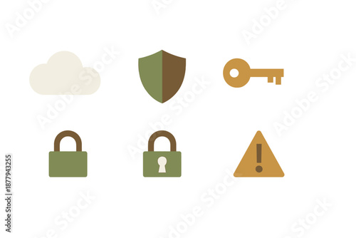 Cloud, security, key, and warning icons with glowing effect