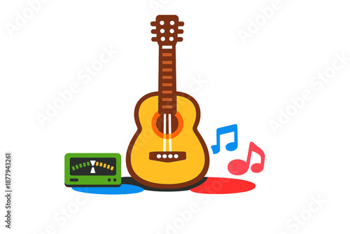 Acoustic guitar with tuner and musical notes, digital art