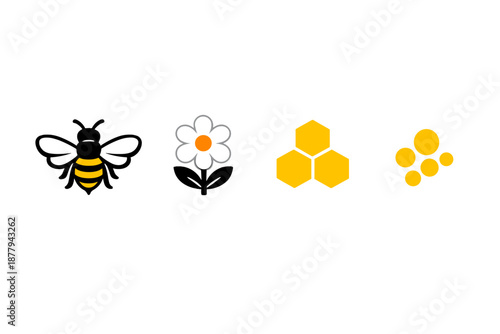 Stylized bee and flower with honeycomb in glowing yellow