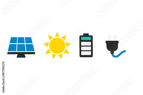Solar energy concept: sun, battery, and power plug