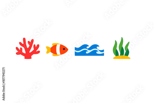 Coral, fish, waves, and seaweed on a gray background